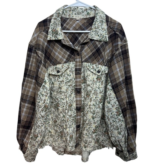 POL Tops - POL Mixed Media Plaid Floral Button Down Shirt Brown Womens S Baloon Sleeve Boho